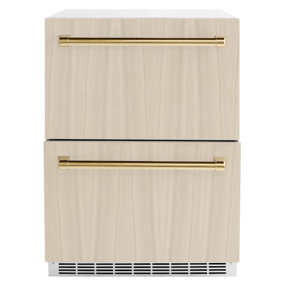 ZLINE Autograph Edition 24 in. Touchstone 168 Can Outdoor-Rated Dual Refrigerator Drawer with Panel-Ready Doors and Polished Gold Handles (RDSPOZ-24-G)