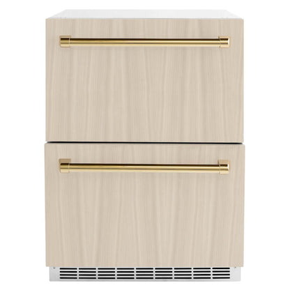 ZLINE Autograph Edition 24 in. Touchstone 168 Can Outdoor-Rated Dual Refrigerator Drawer with Panel-Ready Doors and Polished Gold Handles (RDSPOZ-24-G)