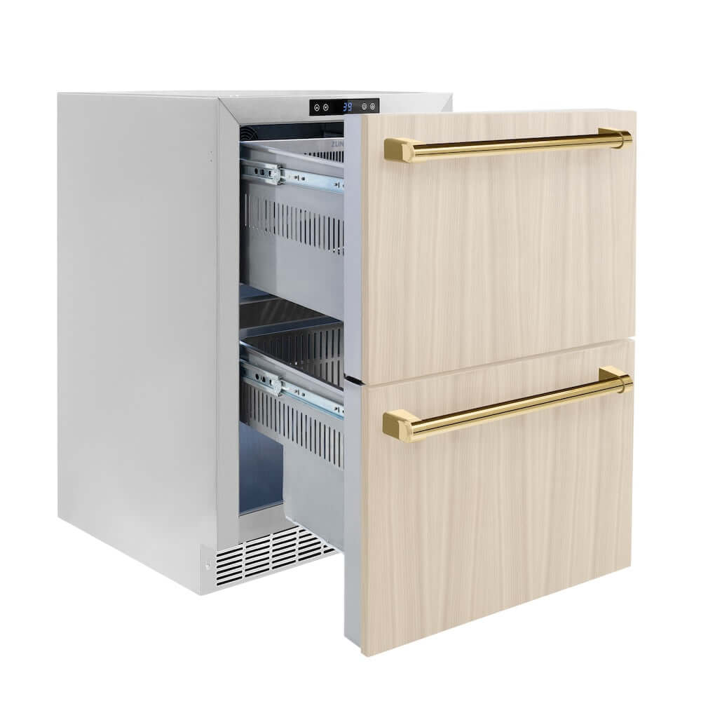 ZLINE Autograph Edition 24 in. Touchstone 168 Can Outdoor-Rated Dual Refrigerator Drawer with Panel-Ready Doors and Polished Gold Handles (RDSPOZ-24-G) side, open.