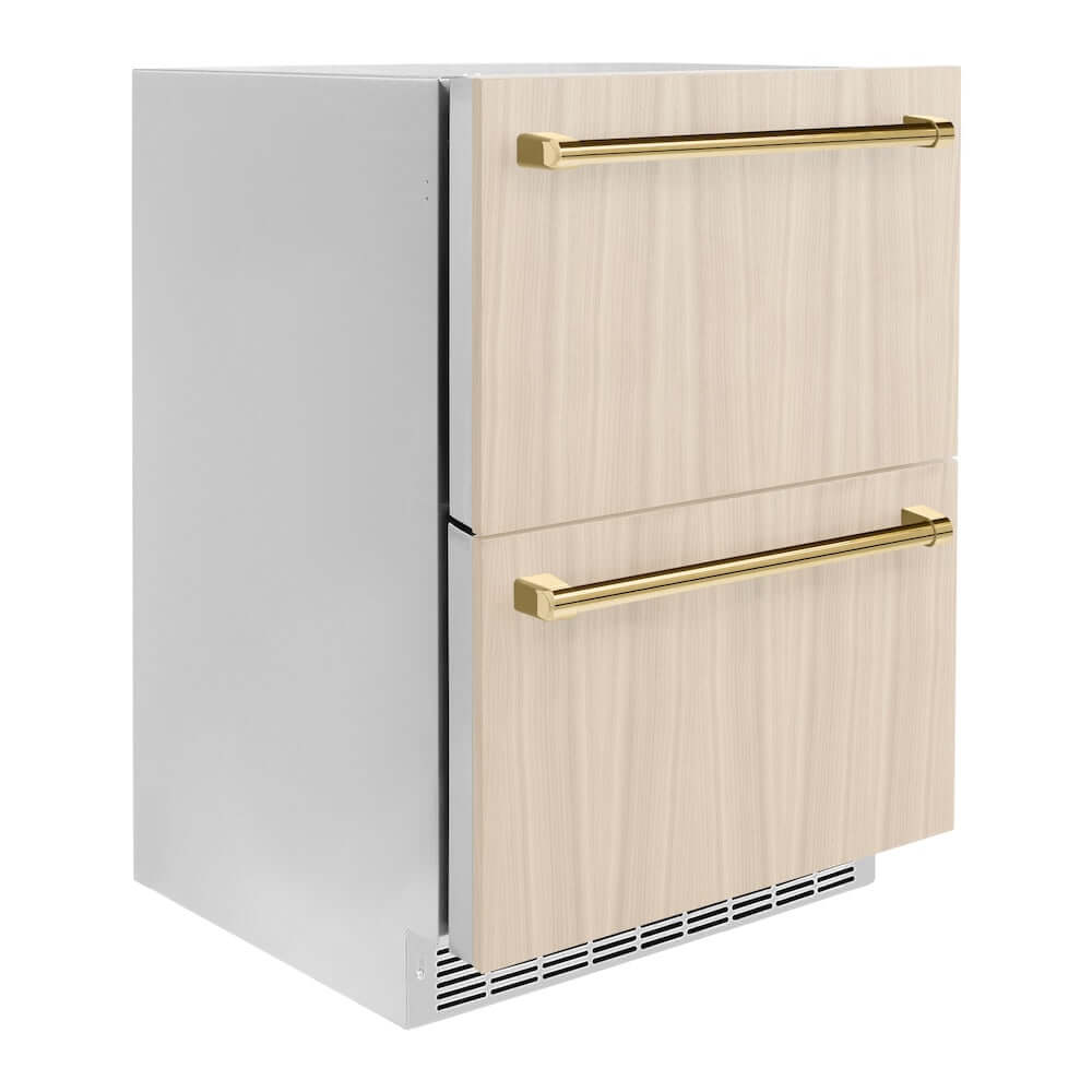 ZLINE Autograph Edition 24 in. Touchstone 168 Can Outdoor-Rated Dual Refrigerator Drawer with Panel-Ready Doors and Polished Gold Handles (RDSPOZ-24-G) side, closed.