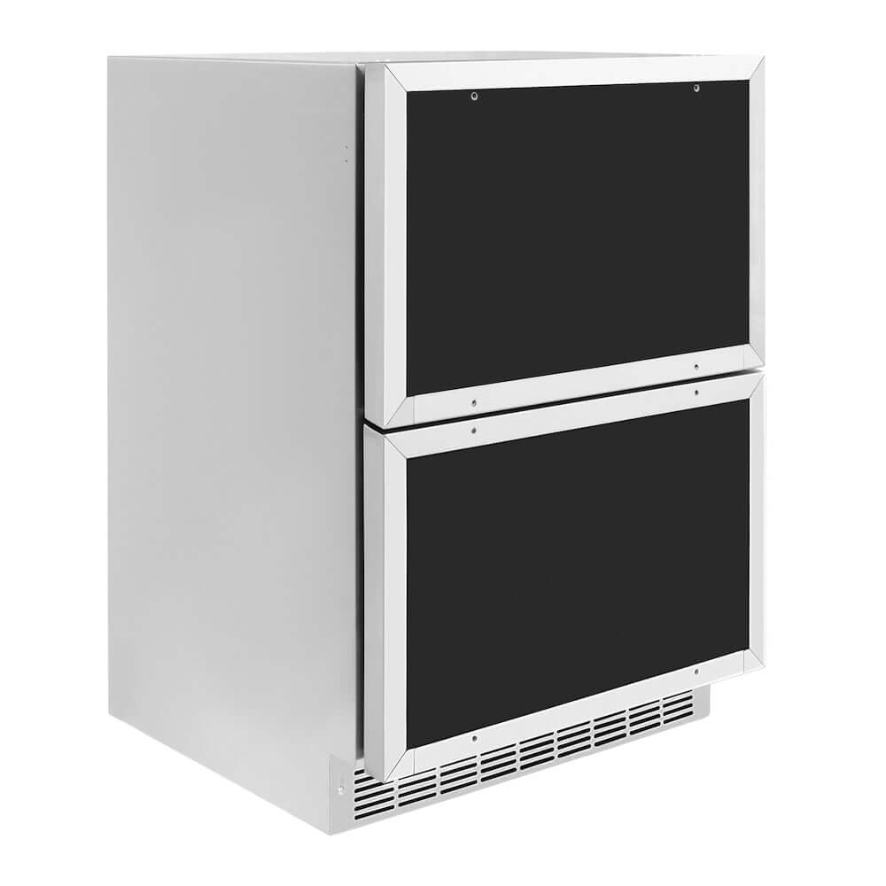 ZLINE Autograph Edition 24 in. Touchstone 168 Can Outdoor-Rated Dual Refrigerator Drawer with Panel-Ready Doors and Polished Gold Handles (RDSPOZ-24-G) side, closed.