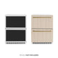 ZLINE Autograph Edition 24 in. Touchstone 168 Can Outdoor-Rated Dual Refrigerator Drawer with Panel-Ready Doors and Polished Gold Handles (RDSPOZ-24-G) unit without panels next to unit with panels. Text: Panels not included.
