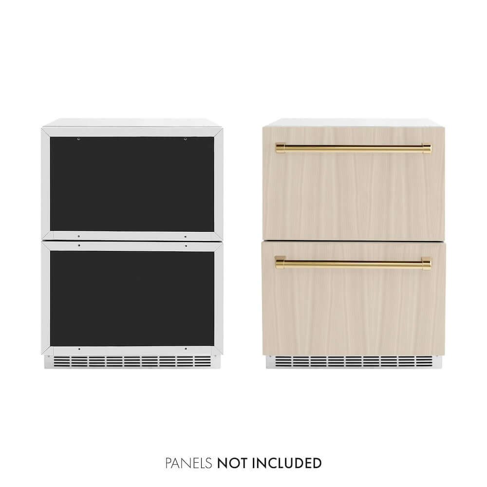 ZLINE Autograph Edition 24 in. Touchstone 168 Can Outdoor-Rated Dual Refrigerator Drawer with Panel-Ready Doors and Polished Gold Handles (RDSPOZ-24-G) unit without panels next to unit with panels. Text: Panels not included.