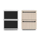 ZLINE Autograph Edition 24 in. Touchstone 168 Can Outdoor-Rated Dual Refrigerator Drawer with Panel-Ready Doors and Matte Black Handles (RDSPOZ-24-MB) unit without panels next to unit with panels.