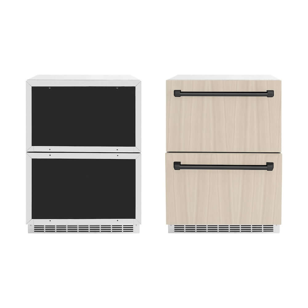 ZLINE Autograph Edition 24 in. Touchstone 168 Can Outdoor-Rated Dual Refrigerator Drawer with Panel-Ready Doors and Matte Black Handles (RDSPOZ-24-MB) unit without panels next to unit with panels.