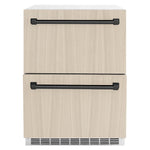 ZLINE Autograph Edition 24 in. Touchstone 168 Can Outdoor-Rated Dual Refrigerator Drawer with Panel-Ready Doors and Matte Black Handles (RDSPOZ-24-MB) front, with custom panels.