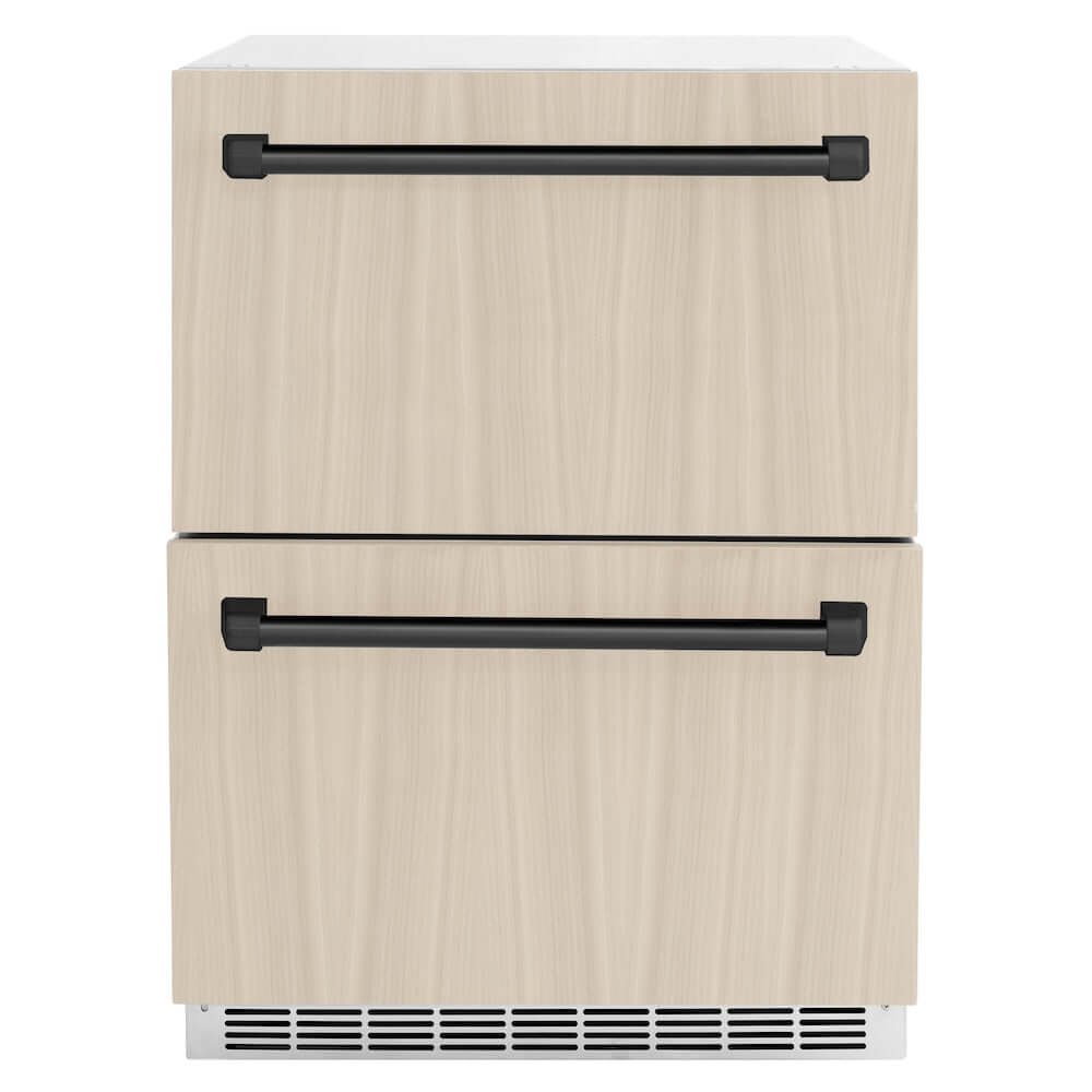 ZLINE Autograph Edition 24 in. Touchstone 168 Can Outdoor-Rated Dual Refrigerator Drawer with Panel-Ready Doors and Matte Black Handles (RDSPOZ-24-MB) front, with custom panels.