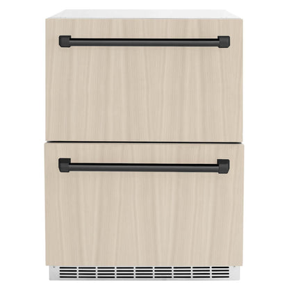 ZLINE Autograph Edition 24 in. Touchstone 168 Can Outdoor-Rated Dual Refrigerator Drawer with Panel-Ready Doors and Matte Black Handles (RDSPOZ-24-MB) front, with custom panels.