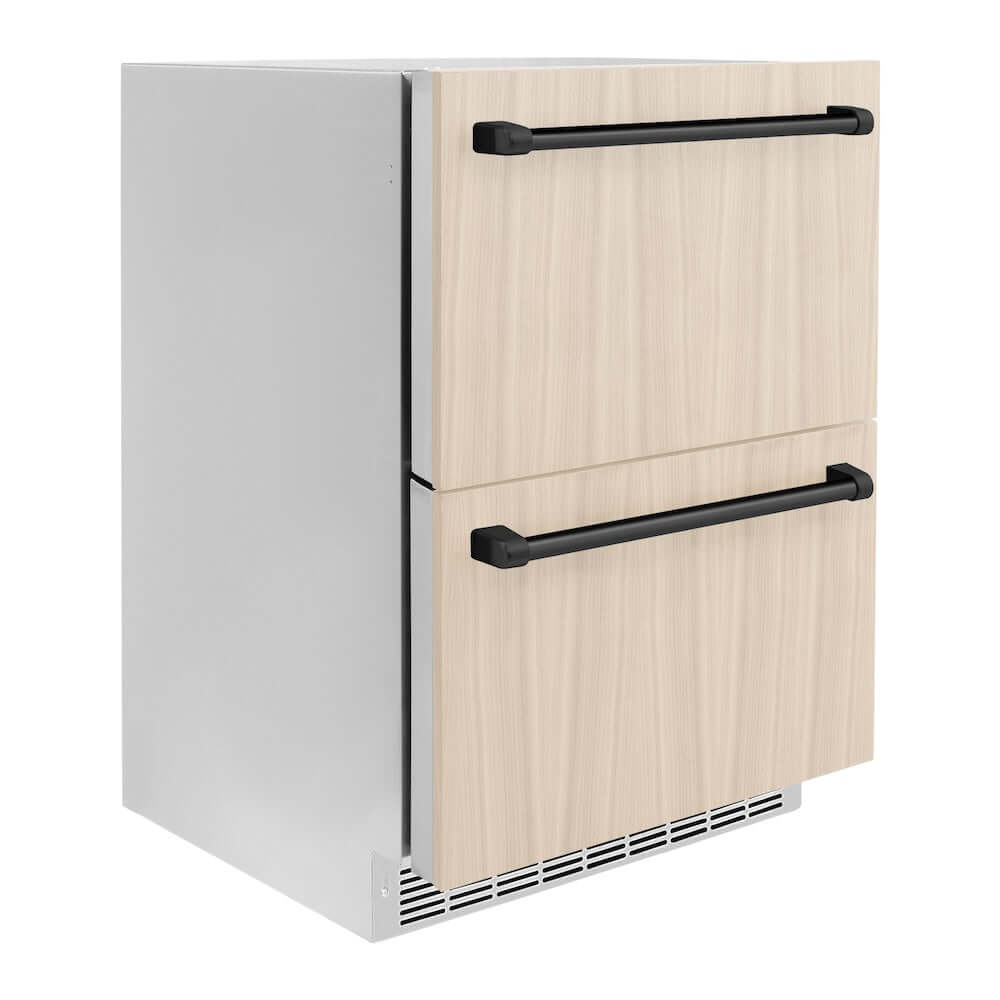 ZLINE Autograph Edition 24 in. Touchstone 168 Can Outdoor-Rated Dual Refrigerator Drawer with Panel-Ready Doors and Matte Black Handles (RDSPOZ-24-MB) side, closed.