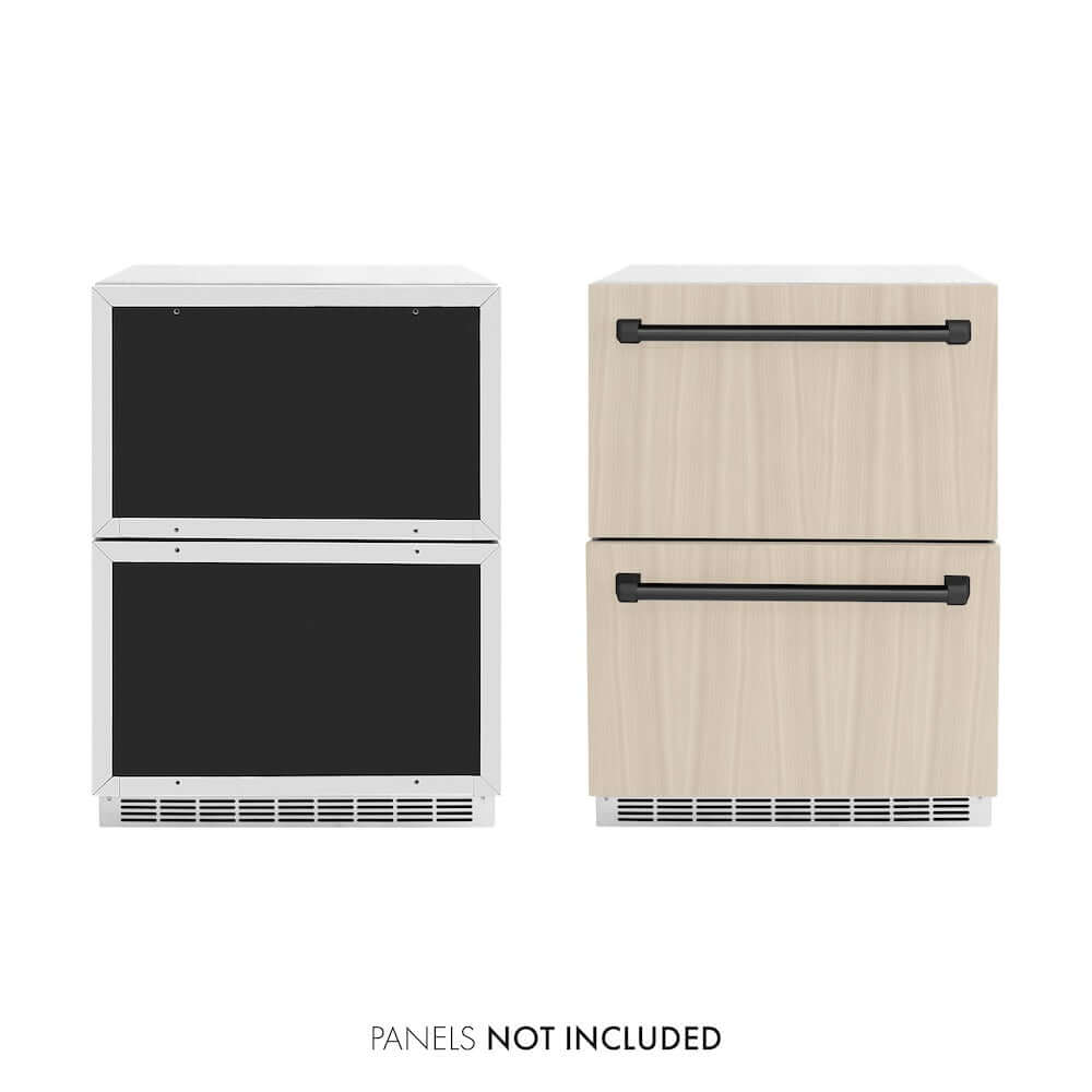 ZLINE Autograph Edition 24 in. Touchstone 168 Can Outdoor-Rated Dual Refrigerator Drawer with Panel-Ready Doors and Matte Black Handles (RDSPOZ-24-MB) unit without panels next to unit with panels. Text: Panels not included.