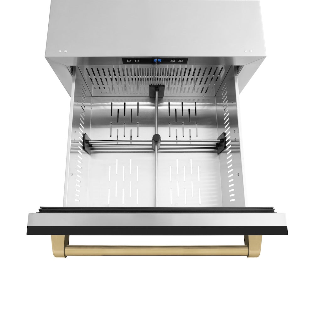ZLINE Autograph Edition 24 in. Touchstone 168 Can Outdoor-Rated Dual Refrigerator Drawer with Black Matte Doors and Champagne Bronze Handles (RDSOZ-BLM-24-CB)