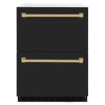 ZLINE Autograph Edition 24 in. Touchstone 168 Can Outdoor-Rated Dual Refrigerator Drawer with Black Matte Doors and Champagne Bronze Handles (RDSOZ-BLM-24-CB) main image.