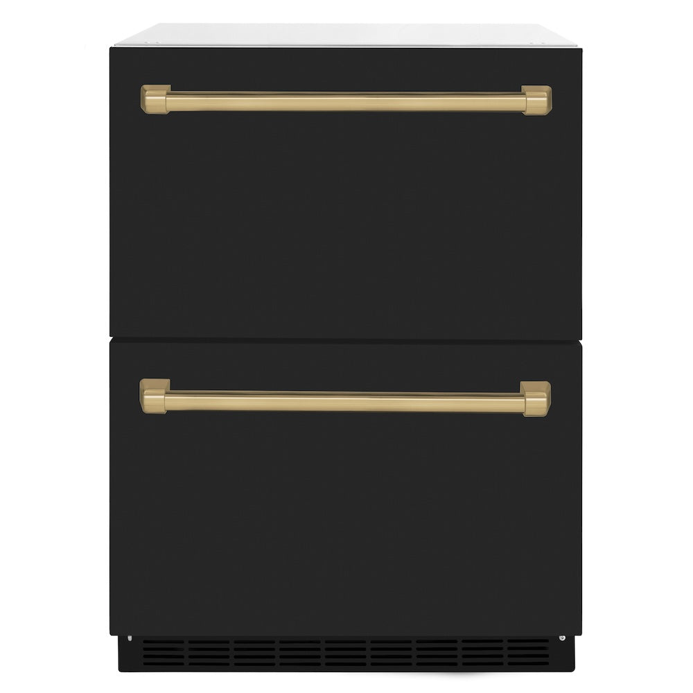 ZLINE Autograph Edition 24 in. Touchstone 168 Can Outdoor-Rated Dual Refrigerator Drawer with Black Matte Doors and Champagne Bronze Handles (RDSOZ-BLM-24-CB) main image.
