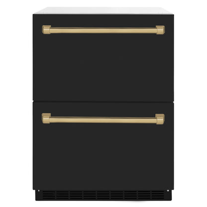 ZLINE Autograph Edition 24 in. Touchstone 168 Can Outdoor-Rated Dual Refrigerator Drawer with Black Matte Doors and Champagne Bronze Handles (RDSOZ-BLM-24-CB) main image.