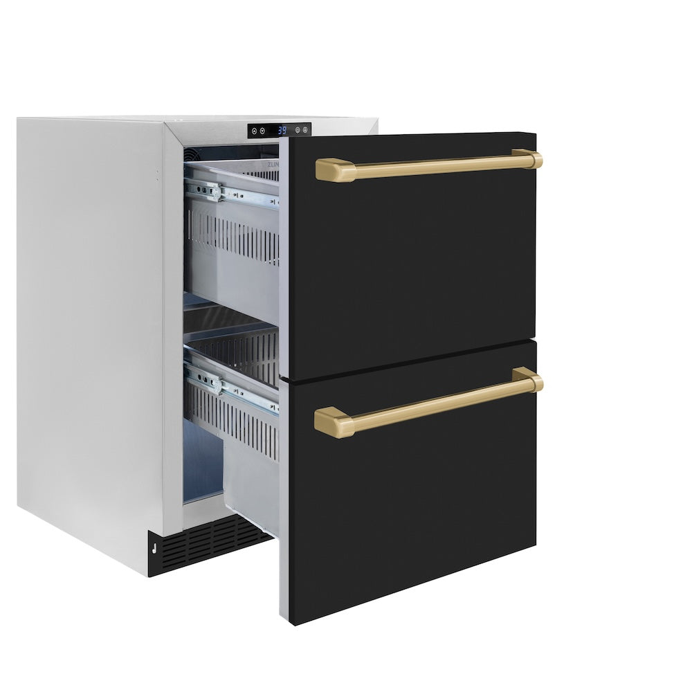 ZLINE Autograph Edition 24 in. Touchstone 168 Can Outdoor-Rated Dual Refrigerator Drawer with Black Matte Doors and Champagne Bronze Handles (RDSOZ-BLM-24-CB)