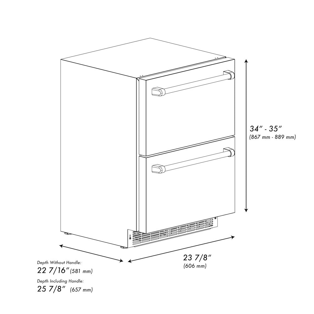 ZLINE Autograph Edition 24 in. Touchstone 168 Can Outdoor-Rated Dual Refrigerator Drawer with Black Matte Doors and Polished Gold Handles (RDSOZ-BLM-24-G) dimensional diagram.