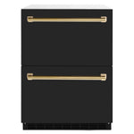 ZLINE Autograph Edition 24 in. Touchstone 168 Can Outdoor-Rated Dual Refrigerator Drawer with Black Matte Doors and Polished Gold Handles (RDSOZ-BLM-24-G) main image.