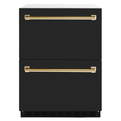 ZLINE Autograph Edition 24 in. Touchstone 168 Can Outdoor-Rated Dual Refrigerator Drawer with Black Matte Doors and Polished Gold Handles (RDSOZ-BLM-24-G) main image.