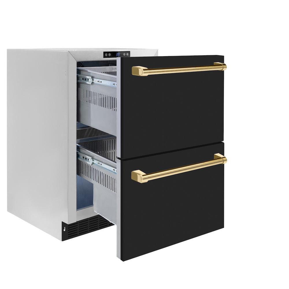 ZLINE Autograph Edition 24 in. Touchstone 168 Can Outdoor-Rated Dual Refrigerator Drawer with Black Matte Doors and Polished Gold Handles (RDSOZ-BLM-24-G)