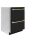 ZLINE Autograph Edition 24 in. Touchstone 168 Can Outdoor-Rated Dual Refrigerator Drawer with Black Matte Doors and Polished Gold Handles (RDSOZ-BLM-24-G)