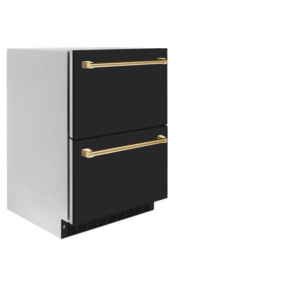 ZLINE Autograph Edition 24 in. Touchstone 168 Can Outdoor-Rated Dual Refrigerator Drawer with Black Matte Doors and Polished Gold Handles (RDSOZ-BLM-24-G)