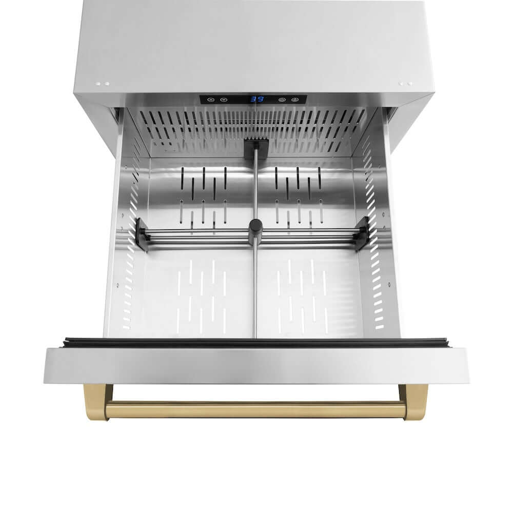 ZLINE Autograph Edition 24 in. Touchstone 168 Can Outdoor-Rated Dual Refrigerator Drawer with Stainless Steel Doors and Champagne Bronze Handles (RDSOZ-ST-24-CB) above drawer, with divider.