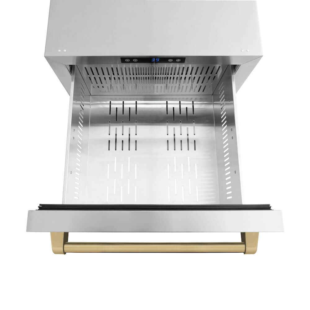 ZLINE Autograph Edition 24 in. Touchstone 168 Can Outdoor-Rated Dual Refrigerator Drawer with Stainless Steel Doors and Champagne Bronze Handles (RDSOZ-ST-24-CB) above drawer, without divider.