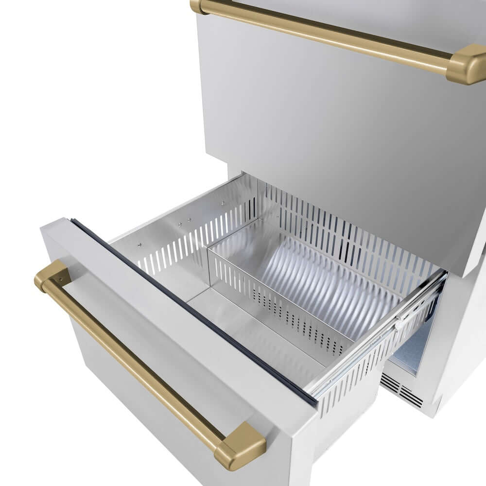 ZLINE Autograph Edition 24 in. Touchstone 168 Can Outdoor-Rated Dual Refrigerator Drawer with Stainless Steel Doors and Champagne Bronze Handles (RDSOZ-ST-24-CB) close-up, bottom drawer open.