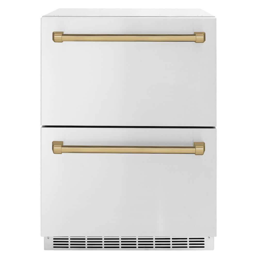 ZLINE Autograph Edition 24 in. Touchstone 168 Can Outdoor-Rated Dual Refrigerator Drawer with Stainless Steel Doors and Champagne Bronze Handles (RDSOZ-ST-24-CB)