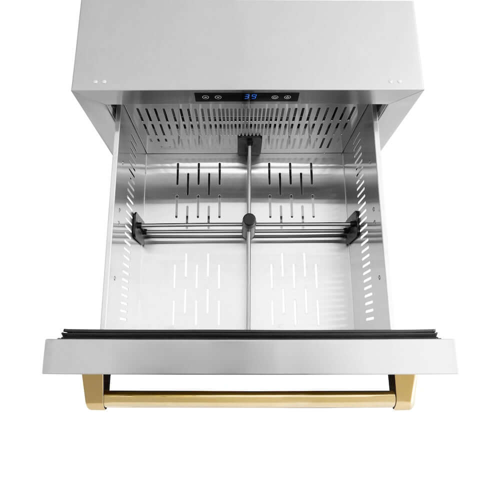 ZLINE Autograph Edition 24 in. Touchstone 168 Can Outdoor-Rated Dual Refrigerator Drawer with Stainless Steel Doors and Polished Gold Handles (RDSOZ-ST-24-G)