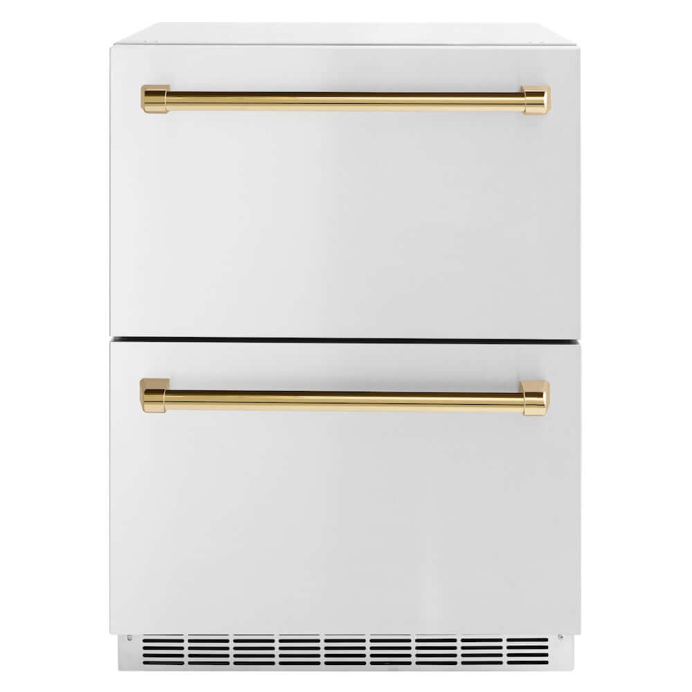 ZLINE Autograph Edition 24 in. Touchstone 168 Can Outdoor-Rated Dual Refrigerator Drawer with Stainless Steel Doors and Polished Gold Handles (RDSOZ-ST-24-G) main image.