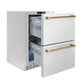 ZLINE Autograph Edition 24 in. Touchstone 168 Can Outdoor-Rated Dual Refrigerator Drawer with Stainless Steel Doors and Polished Gold Handles (RDSOZ-ST-24-G) side, open.