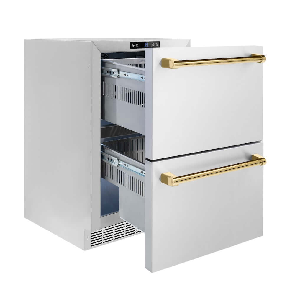 ZLINE Autograph Edition 24 in. Touchstone 168 Can Outdoor-Rated Dual Refrigerator Drawer with Stainless Steel Doors and Polished Gold Handles (RDSOZ-ST-24-G) side, open.