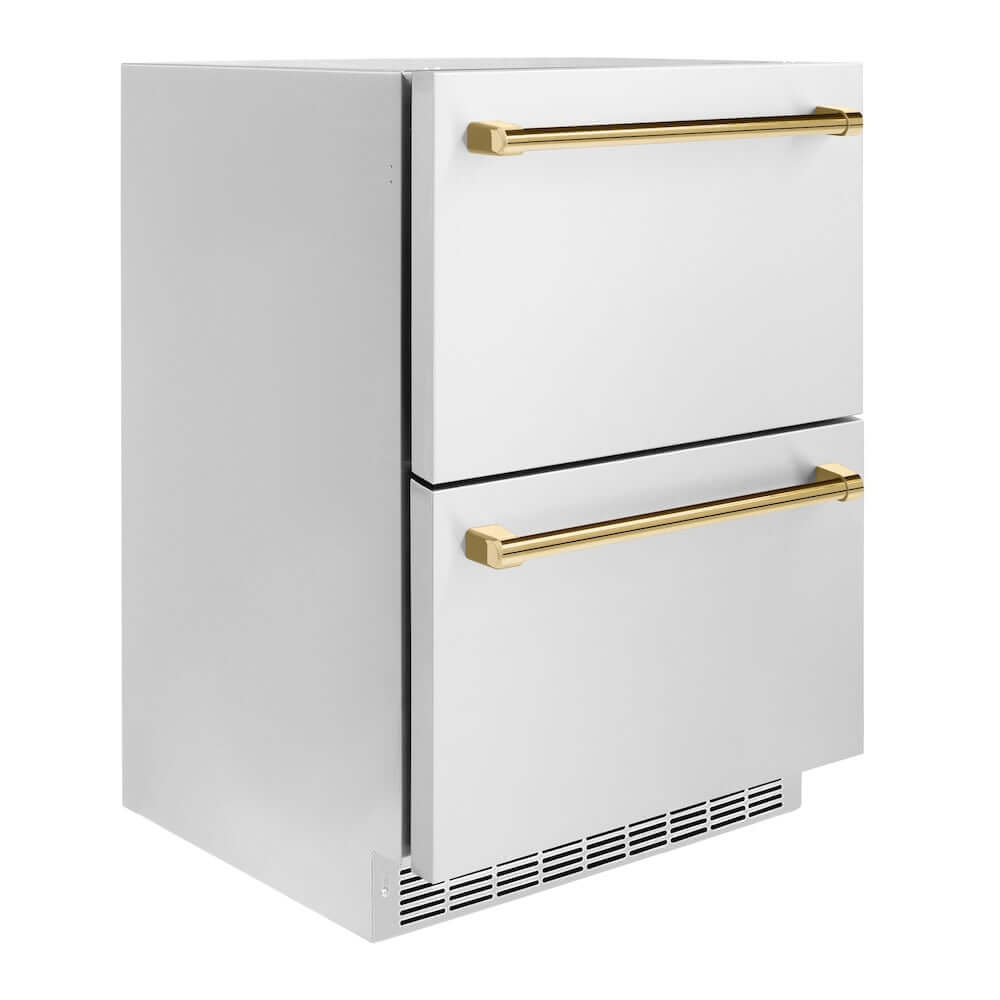 ZLINE Autograph Edition 24 in. Touchstone 168 Can Outdoor-Rated Dual Refrigerator Drawer with Stainless Steel Doors and Polished Gold Handles (RDSOZ-ST-24-G)