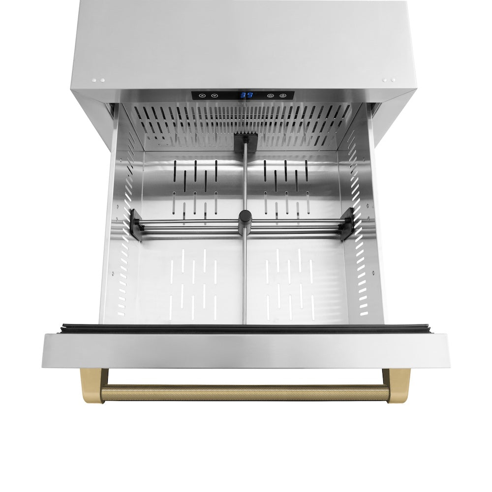 ZLINE Autograph Edition 24 in. Touchstone 168 Can Outdoor-Rated Dual Refrigerator Drawer with Stainless Steel Doors and Champagne Bronze Helix Handles (RDSOZ-ST-24-KCB) upper refrigeration compartment open with divider in.