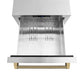 ZLINE Autograph Edition 24 in. Touchstone 168 Can Outdoor-Rated Dual Refrigerator Drawer with Stainless Steel Doors and Champagne Bronze Helix Handles (RDSOZ-ST-24-KCB) upper refrigeration compartment open with divider out.