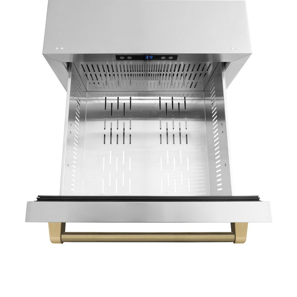 ZLINE Autograph Edition 24 in. Touchstone 168 Can Outdoor-Rated Dual Refrigerator Drawer with Stainless Steel Doors and Champagne Bronze Helix Handles (RDSOZ-ST-24-KCB) upper refrigeration compartment open with divider out.