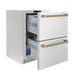 ZLINE Autograph Edition 24 in. Touchstone 168 Can Outdoor-Rated Dual Refrigerator Drawer with Stainless Steel Doors and Champagne Bronze Helix Handles (RDSOZ-ST-24-KCB) side, open.
