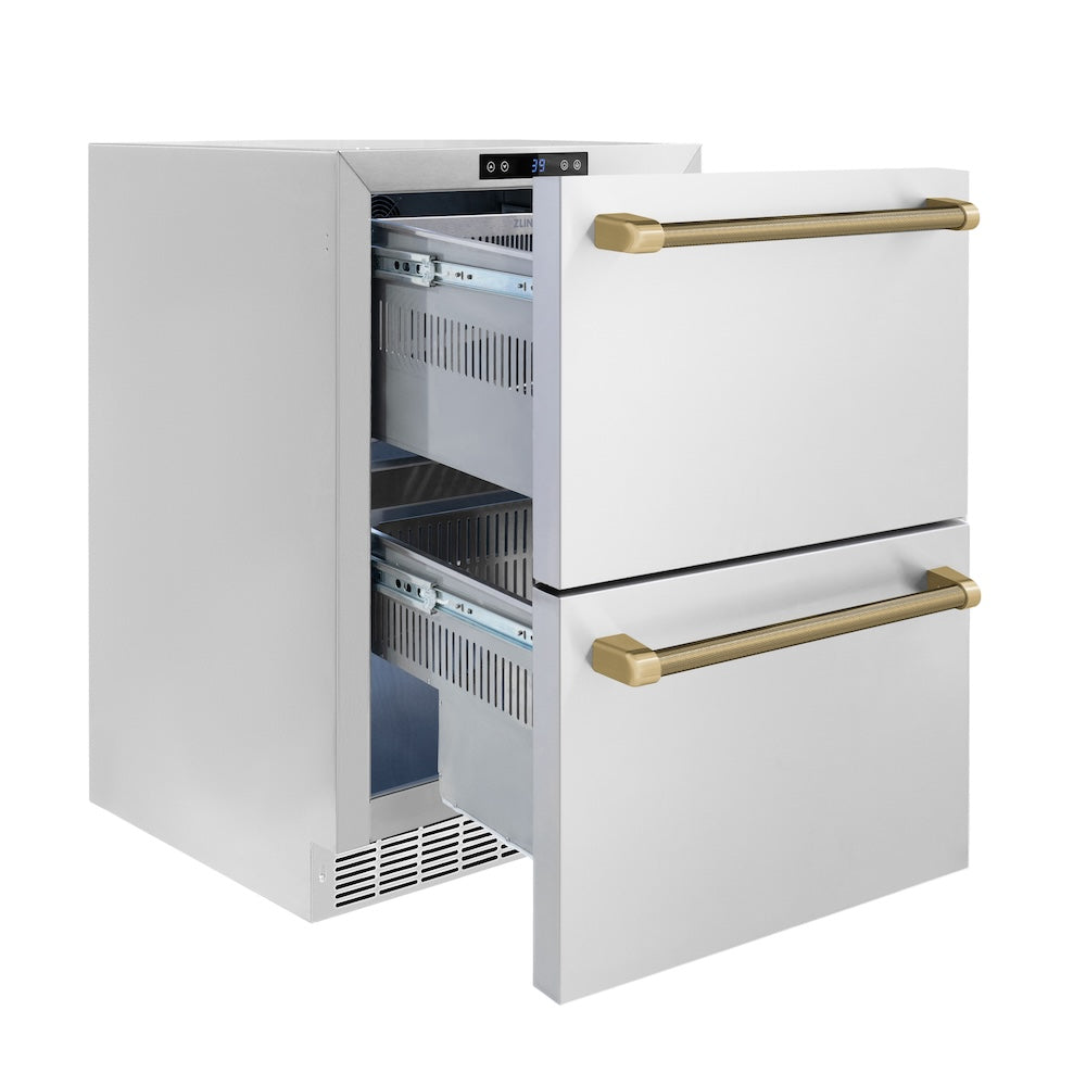 ZLINE Autograph Edition 24 in. Touchstone 168 Can Outdoor-Rated Dual Refrigerator Drawer with Stainless Steel Doors and Champagne Bronze Helix Handles (RDSOZ-ST-24-KCB) side, open.
