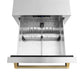 ZLINE Autograph Edition 24 in. Touchstone 168 Can Outdoor-Rated Dual Refrigerator Drawer with Stainless Steel Doors and Polished Gold Helix Handles (RDSOZ-ST-24-KG) upper refrigeration compartment open with divider in.