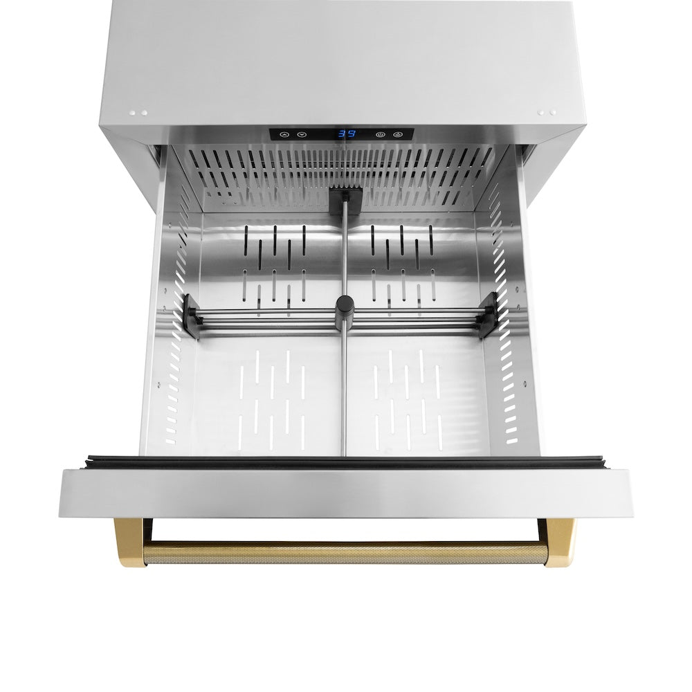 ZLINE Autograph Edition 24 in. Touchstone 168 Can Outdoor-Rated Dual Refrigerator Drawer with Stainless Steel Doors and Polished Gold Helix Handles (RDSOZ-ST-24-KG) upper refrigeration compartment open with divider in.