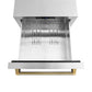 ZLINE Autograph Edition 24 in. Touchstone 168 Can Outdoor-Rated Dual Refrigerator Drawer with Stainless Steel Doors and Polished Gold Helix Handles (RDSOZ-ST-24-KG) upper refrigeration compartment open with divider out.