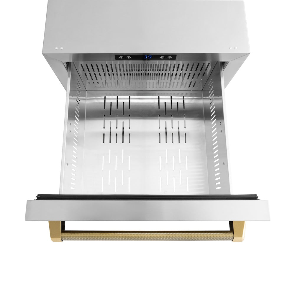 ZLINE Autograph Edition 24 in. Touchstone 168 Can Outdoor-Rated Dual Refrigerator Drawer with Stainless Steel Doors and Polished Gold Helix Handles (RDSOZ-ST-24-KG) upper refrigeration compartment open with divider out.