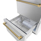 ZLINE Autograph Edition 24 in. Touchstone 168 Can Outdoor-Rated Dual Refrigerator Drawer with Stainless Steel Doors and Polished Gold Helix Handles (RDSOZ-ST-24-KG) bottom refrigeration compartment open.