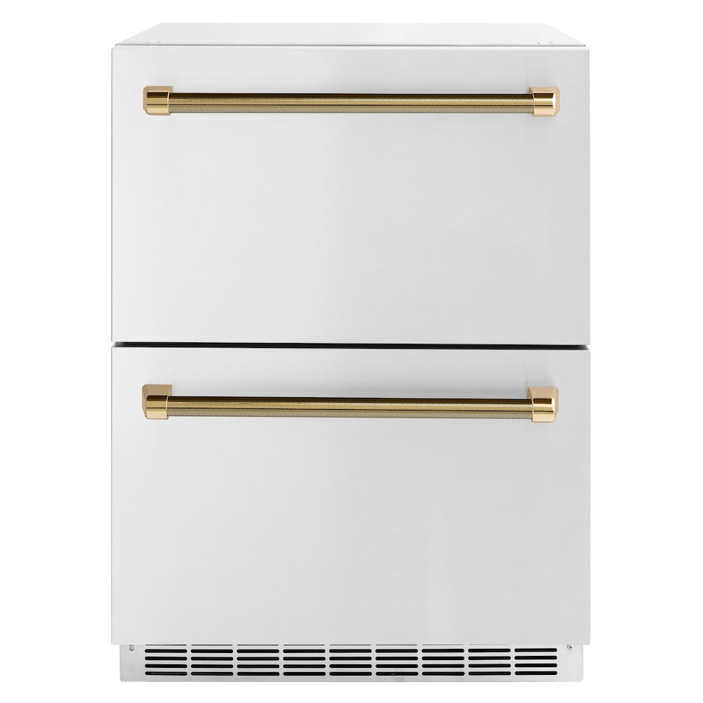 ZLINE Autograph Edition 24 in. Touchstone 168 Can Outdoor-Rated Dual Refrigerator Drawer with Stainless Steel Doors and Polished Gold Helix Handles (RDSOZ-ST-24-KG) main image.