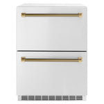 ZLINE Autograph Edition 24 in. Touchstone 168 Can Outdoor-Rated Dual Refrigerator Drawer with Stainless Steel Doors and Polished Gold Helix Handles (RDSOZ-ST-24-KG)