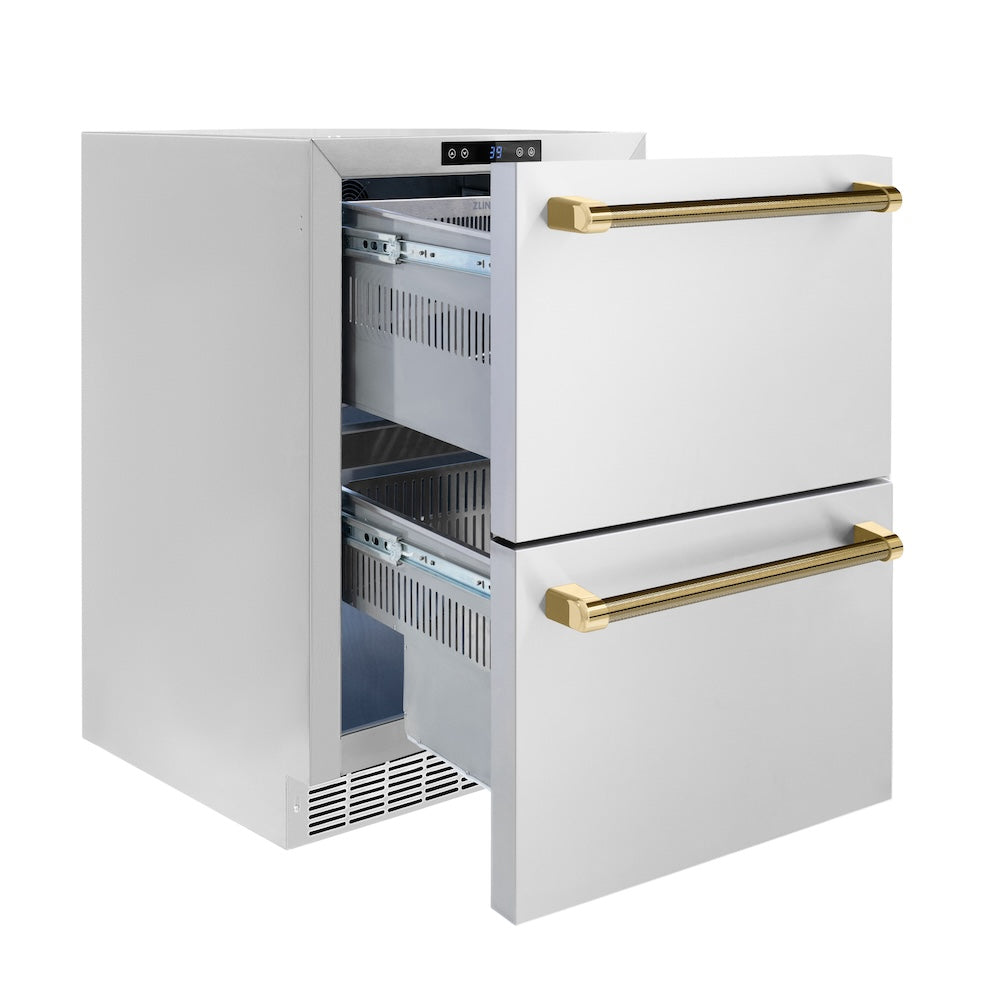 ZLINE Autograph Edition 24 in. Touchstone 168 Can Outdoor-Rated Dual Refrigerator Drawer with Stainless Steel Doors and Polished Gold Helix Handles (RDSOZ-ST-24-KG) side, open.