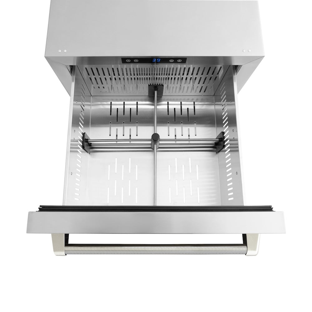 ZLINE Autograph Edition 24 in. Touchstone 168 Can Outdoor-Rated Dual Refrigerator Drawer with Stainless Steel Doors and Polished Nickel Helix Handles (RDSOZ-ST-24-KPN) upper refrigeration compartment open with divider in.