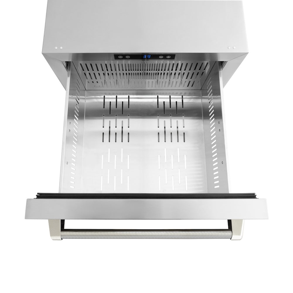 ZLINE Autograph Edition 24 in. Touchstone 168 Can Outdoor-Rated Dual Refrigerator Drawer with Stainless Steel Doors and Polished Nickel Helix Handles (RDSOZ-ST-24-KPN) upper refrigeration compartment open with divider out.