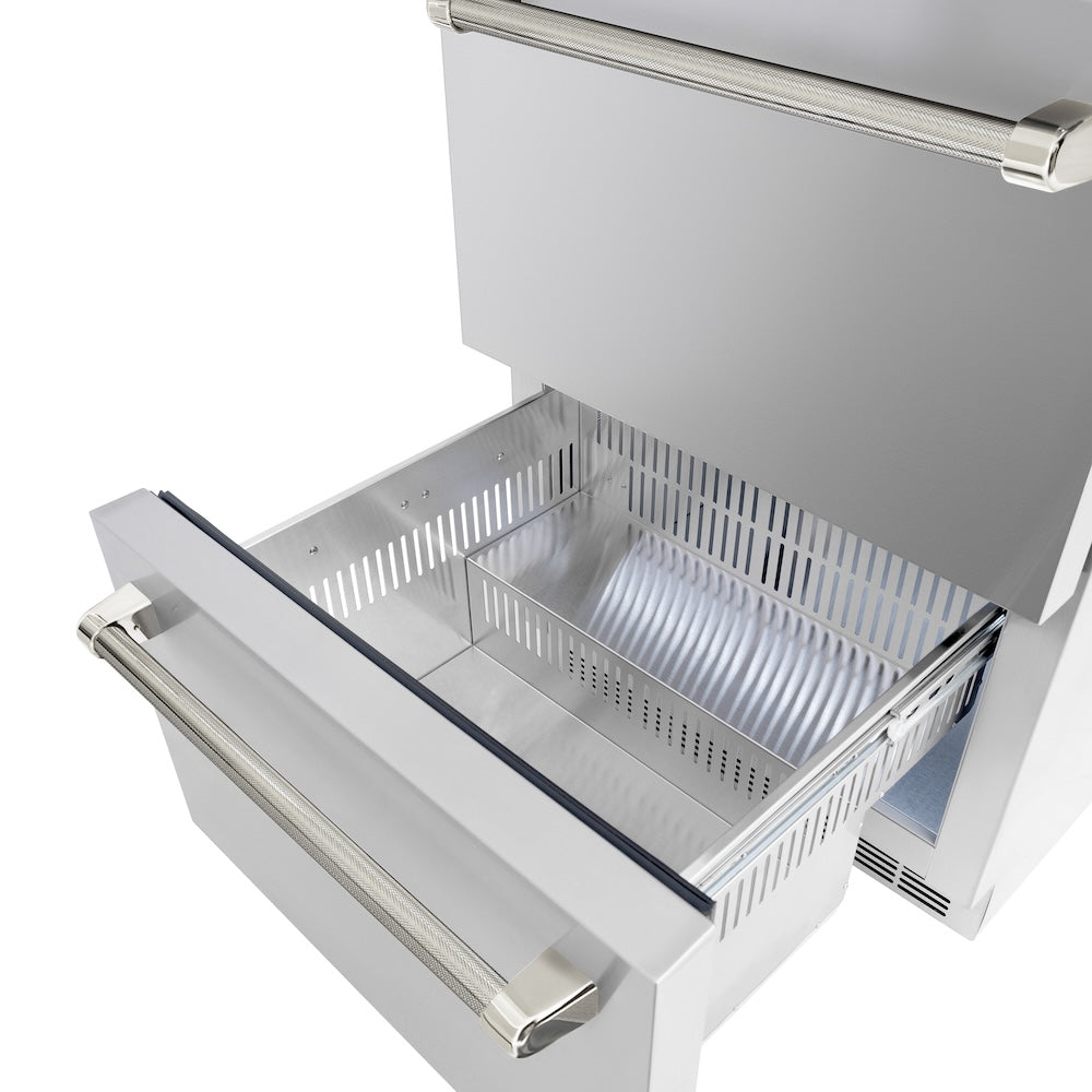 ZLINE Autograph Edition 24 in. Touchstone 168 Can Outdoor-Rated Dual Refrigerator Drawer with Stainless Steel Doors and Polished Nickel Helix Handles (RDSOZ-ST-24-KPN) bottom refrigeration compartment open.